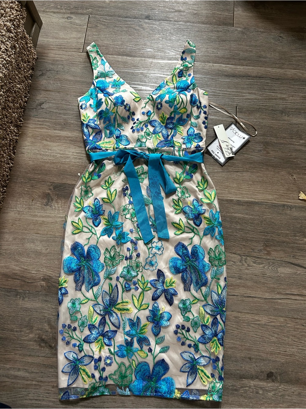 Eliza J Blue, Green and Teal Floral Embroidered Midi Dress
